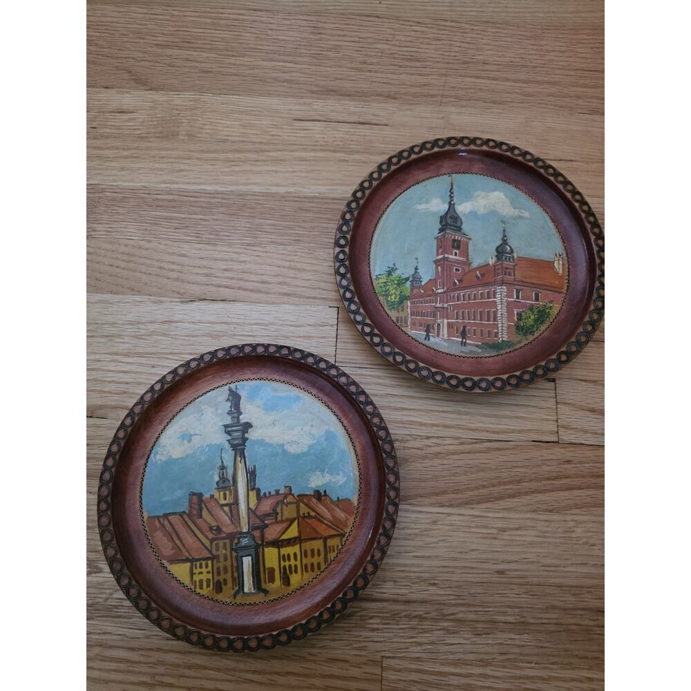 Set Of‎ 2 Hand Painted Wooden Decorative Discs Poland. Art